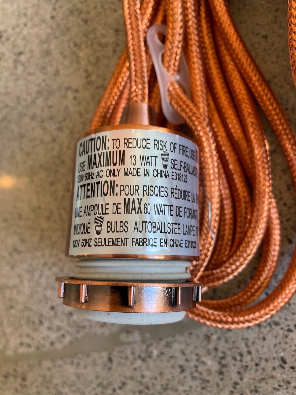 West Elm Copper Braided Fabric Pendant Lamp Cord with White Plug - Picture 2 of 10